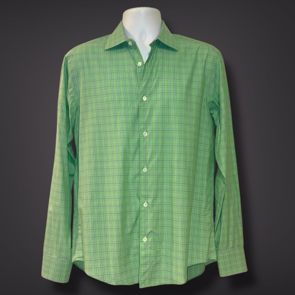 Bugatchi Uomo Men’s Dress Shirt 15.5 34/35 | Green & Blue Check | 100% Cotton